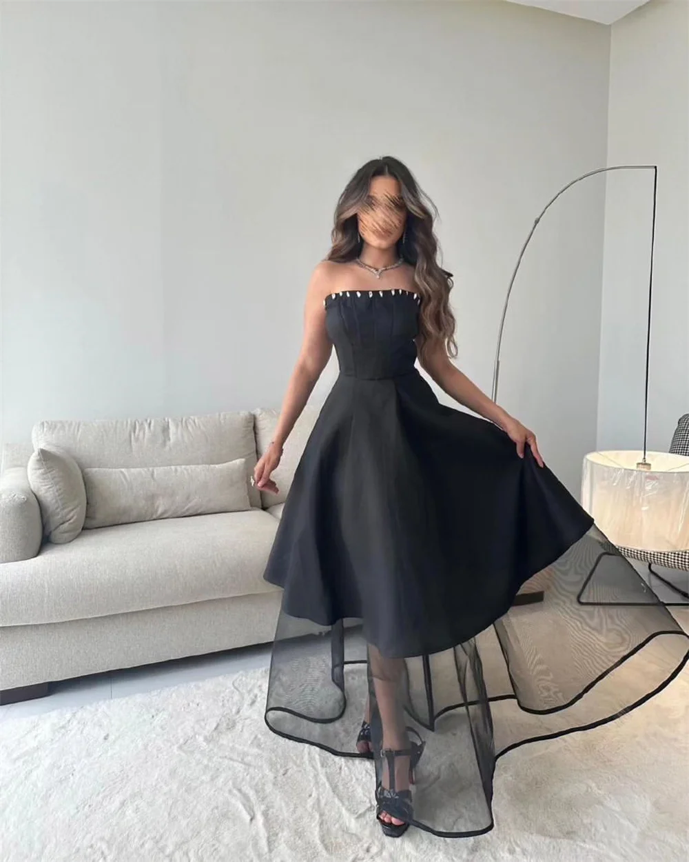 

Carolina Strapless A-Line Evening Dresses Satin Pleated Sleeveless Backless Black Tiered Prom Party Dress Bride Formal Gown
