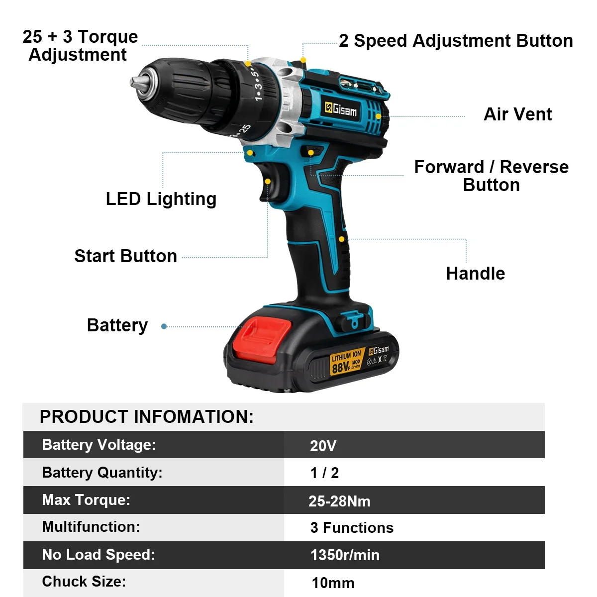 Wiredless Impact Drill Screwdriver Rechargeable Battery Cordless Hammer Drill 25+3Torque Setting Electric Screwdriver Power Tool 3