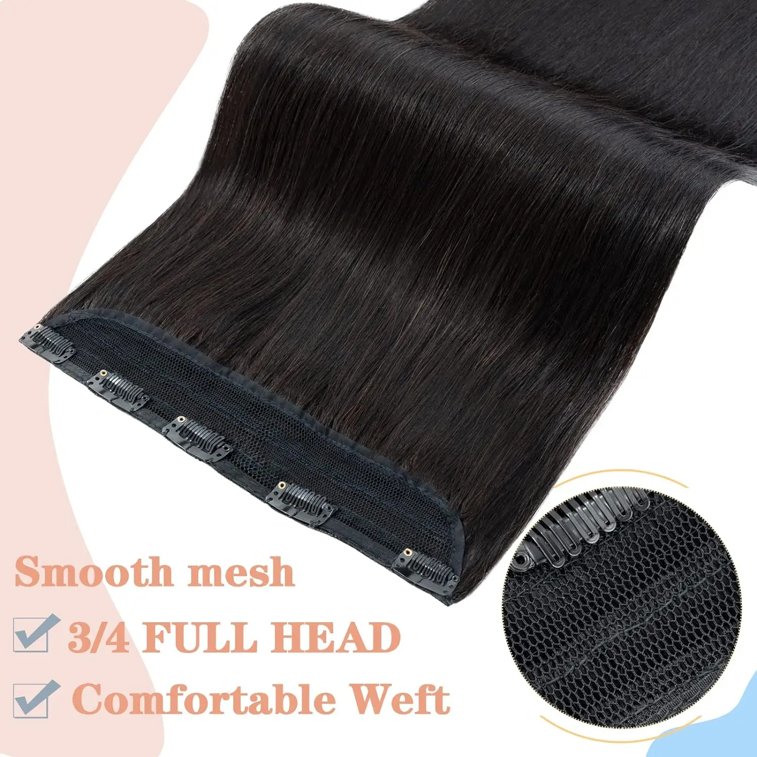 One Piece Clip in Human Hair Extensions 5 Clips 16-26 Inch Natural Color #1B 3/4 Full Head Thick Soft Silky Straight Hair