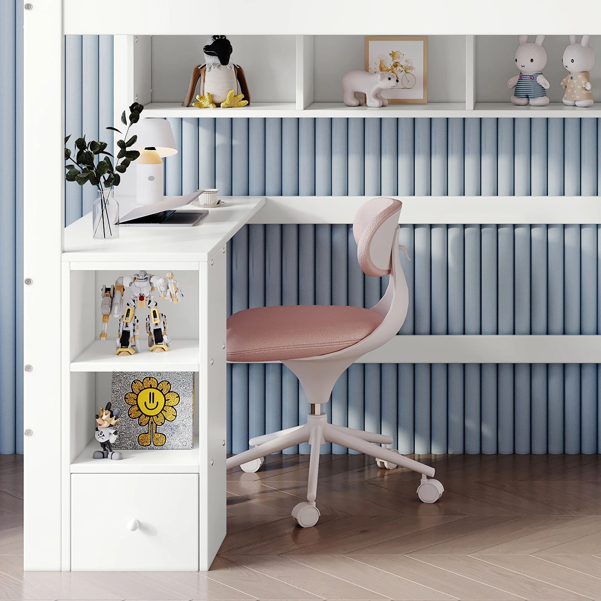 90 x 200 cm großes Etagenbett mit Tisch und Kleiderschrank, offenem Regal, viel Stauraum mit Fallschirmgitter und vierstufiger Leiter, ohne Matratze – Detail 1