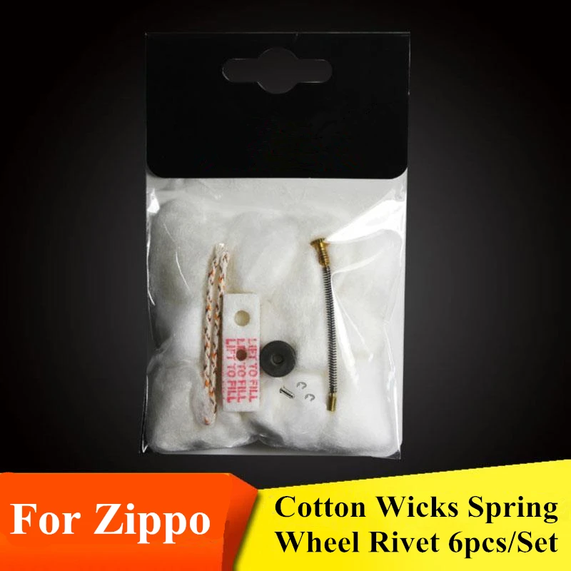 6pcs/Set Zippo Lighter Replacement Steel Wheel Removable Rivet Spring Cotton Wicks Kit Spare Parts Upgrade Repair Accessory