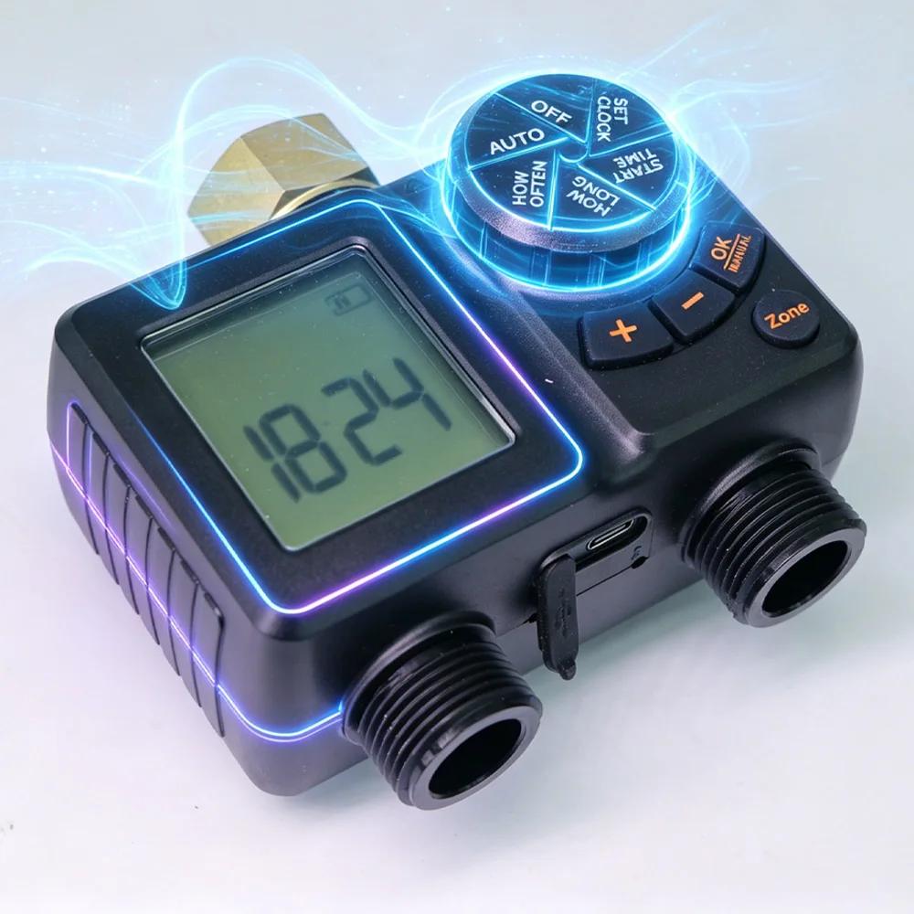 2-way LCD Gatden Water Timer Built-in Battery 3.7V 2000mAh Programmable Automatic Irrigation Faucet Controller IPX6 Waterproof