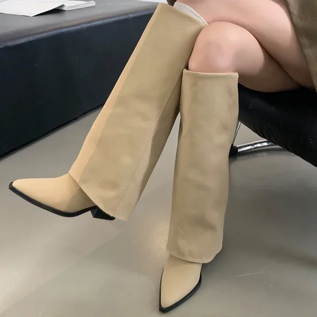 Spring Autumn Pointed Toe Knee-High Boots Women Designer Vintage Square Low Heels Shoes Modern Long Botas Para Mujer 3