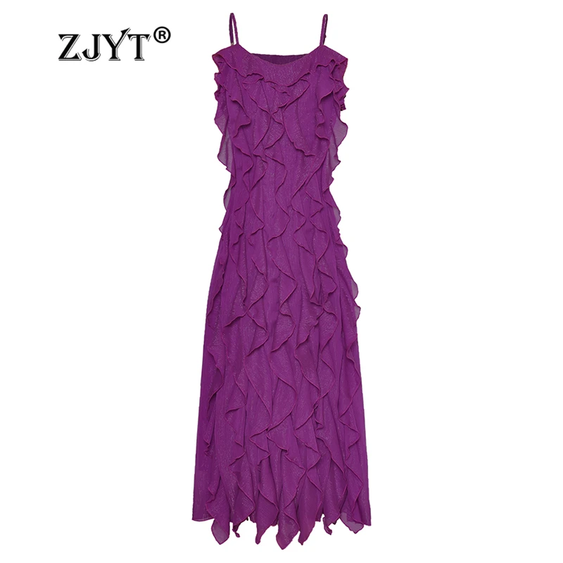 

ZJYT Summer Long Holiday Dresses for Women 2024 Runway Designer Spaghetti Strap Dress Ruffles Patchwork Sexy Beach Vestidos New