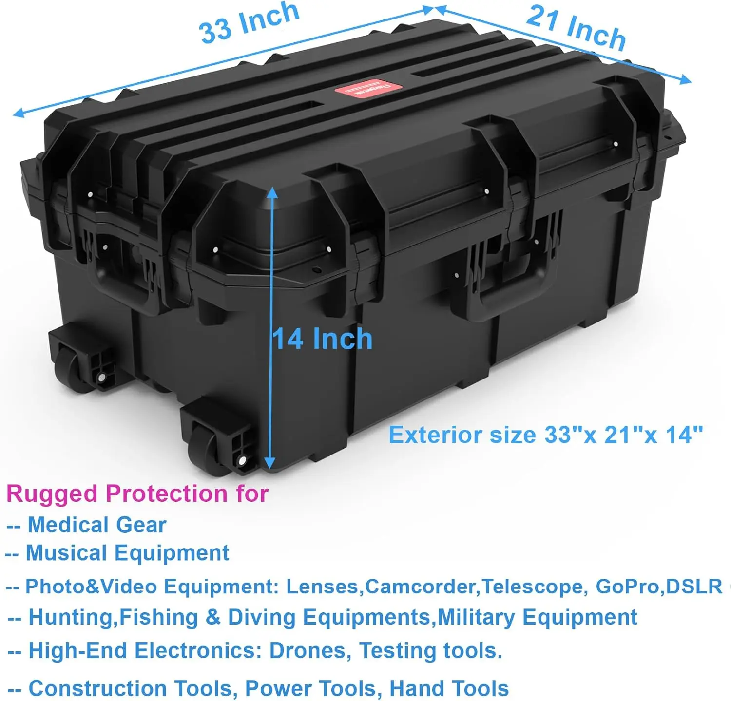 Waterproof Hard Case, 33"x 21"x 14", Equipment Case with Wheels/Customizable Foam,Gear Roller Case for cameras lenses Camcorder, 4