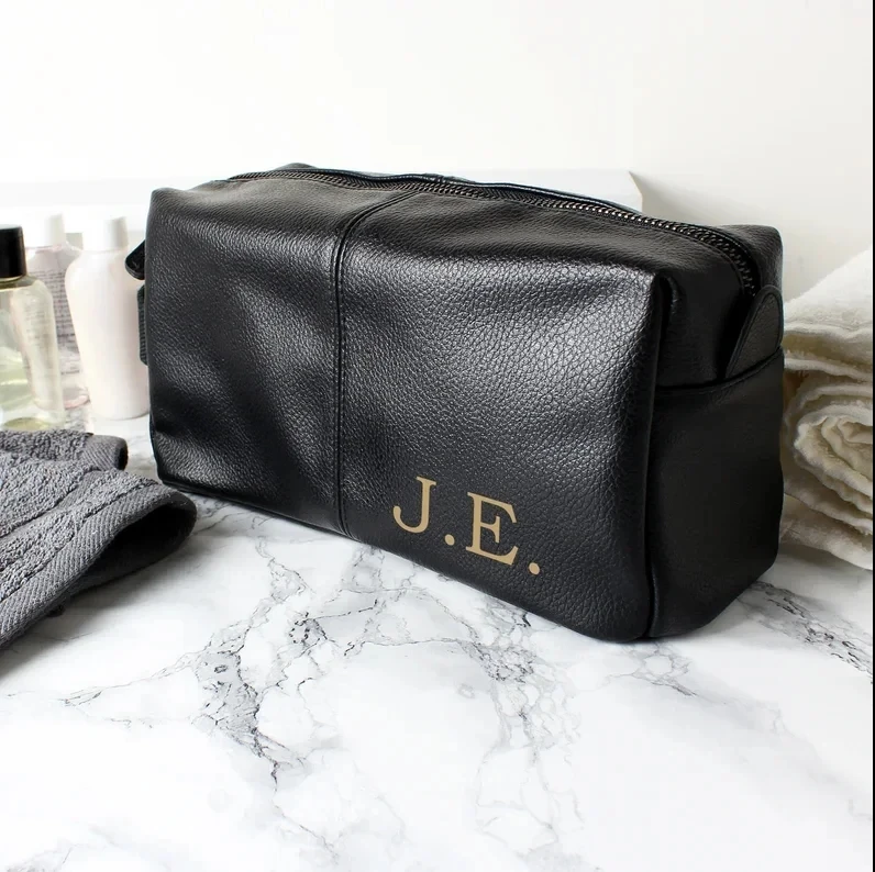 Toiletry Wash Bag Personalised With Gold Monogram Lnitials Black Leather Look For Him Groomsmen Mens Dad Bestman Father Gift 2