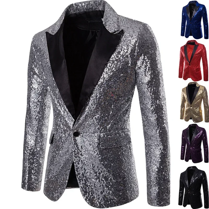 

Shiny Silver Slim Fit Blazer Male Formal Performance Costume Sequin Top Fashion Clubwear Mens Suit Blazer Oversized Clothing Men