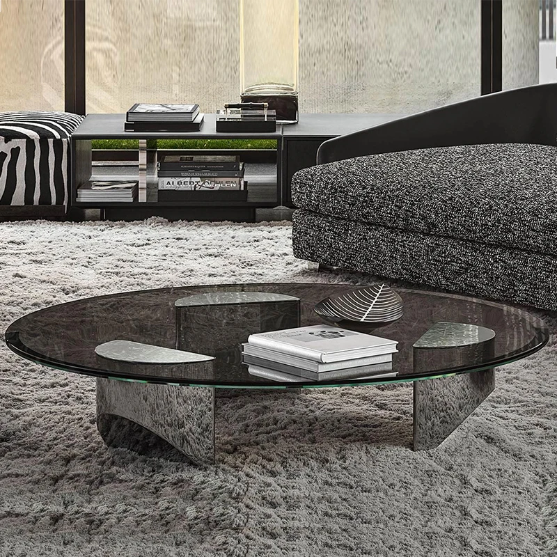 

Italian light luxury minimalist stainless steel square round net red creative tea table living room simple modern art glass tabl
