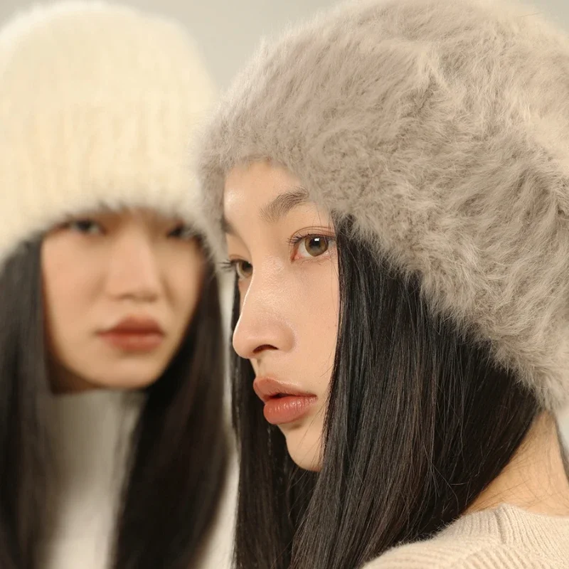 Autumn Winter Women's Wool Soft Fur Warm Oversize Knitted Sullies Cap Outdoor Leisure Solid Beanie Hat Bonnet Gorras_voghion.com