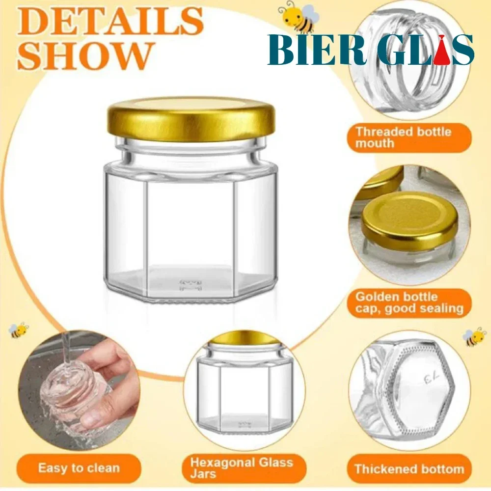 45ml Mini Hexagonal Glass Jars and Lids Glod Cap Split Bottle Small Containers Party Favors Set in Bulk for Guests for Jam Candy 2