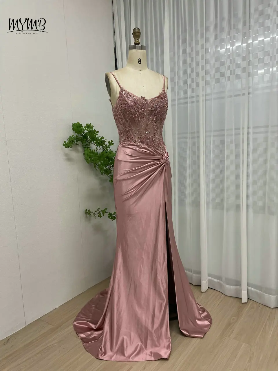 MYMB Rosa Spaghetti-trägern Perlen Applikationen Prom Kleid für Frauen Party Sexy High Slit Meerjungfrau Abendkleid vestidos de gala – Detail 7