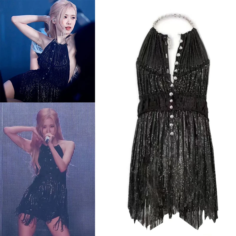 

Kpop Korean Singer Y2k Stage Outfits Jazz Dance Costumes Female Sexy Black Backless Halter Short Dresses Stage Performance Wear