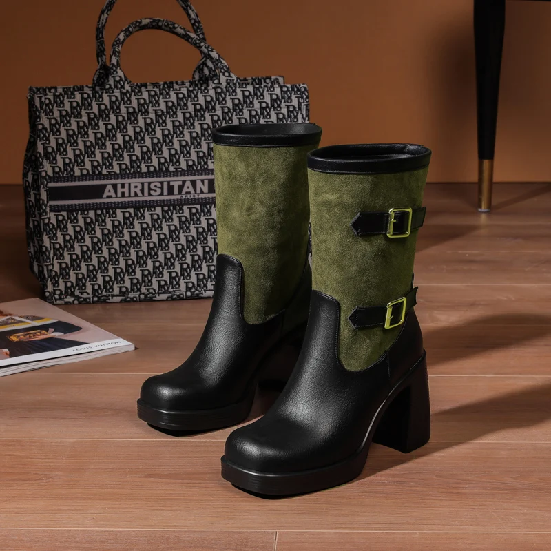 Square Toe Ultra High Thick Heel Matte Float Patchwork PU Women's Mid Length Boots For Winter Thick Plush Lining Shoes