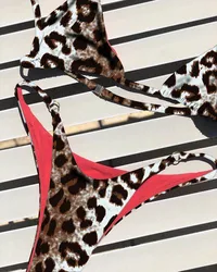 Leopard Print Push-Up Bikini Set: Strappy Low Waist Backless Swimwear - XS (Beige)