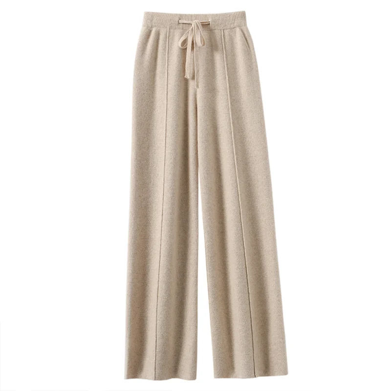 High Waist Knitted Wool Wide Leg Pants Extended Length Dstring Straight Casual Loose Slimming Autumn Winter Faion Ladies