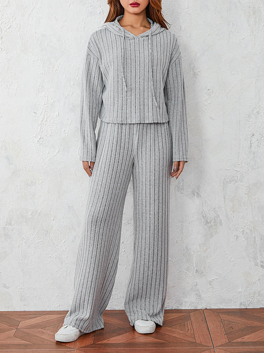 

Women s Summer 2 Piece Knit Loungewear Ribbed Knitted Hoodie and Wide Legs Pants Set Tracksuit Casual Outfits