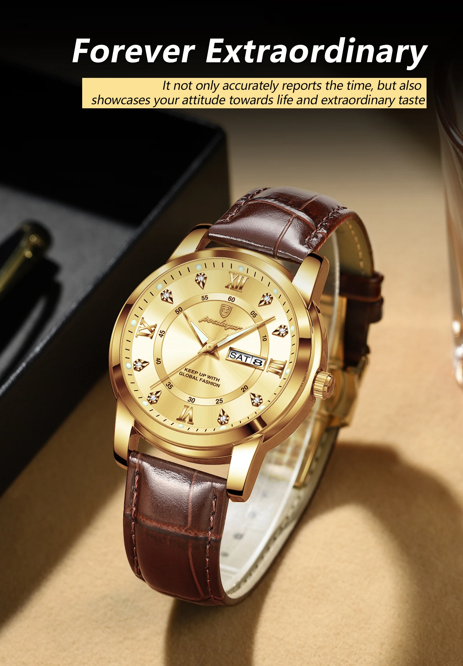 POEDAGAR Luxury Business Male Clock Date Week Waterproof Luminous Gold Men Wristwatch Casual Fashion Quartz Men's Watches Reloj