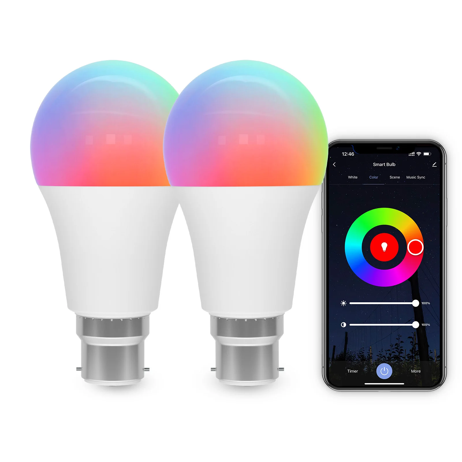 Wifi Smart Light Bulb RGBCW Dimmable 9W B22 Works With Amazon Alexa Google SmartThings Home 2700K-6500K LED Light Bulb 2PCS