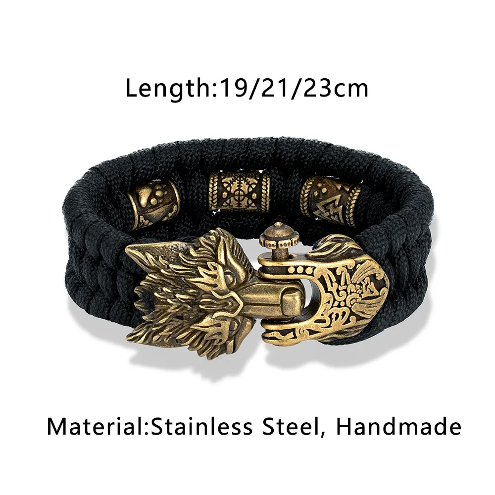 Viking Ancient Bronze Wolf Head Bracelet for Men Punk Stainless Steel Bangle Handmade Woven Rope Wristband Vintage Jewelry Gifts