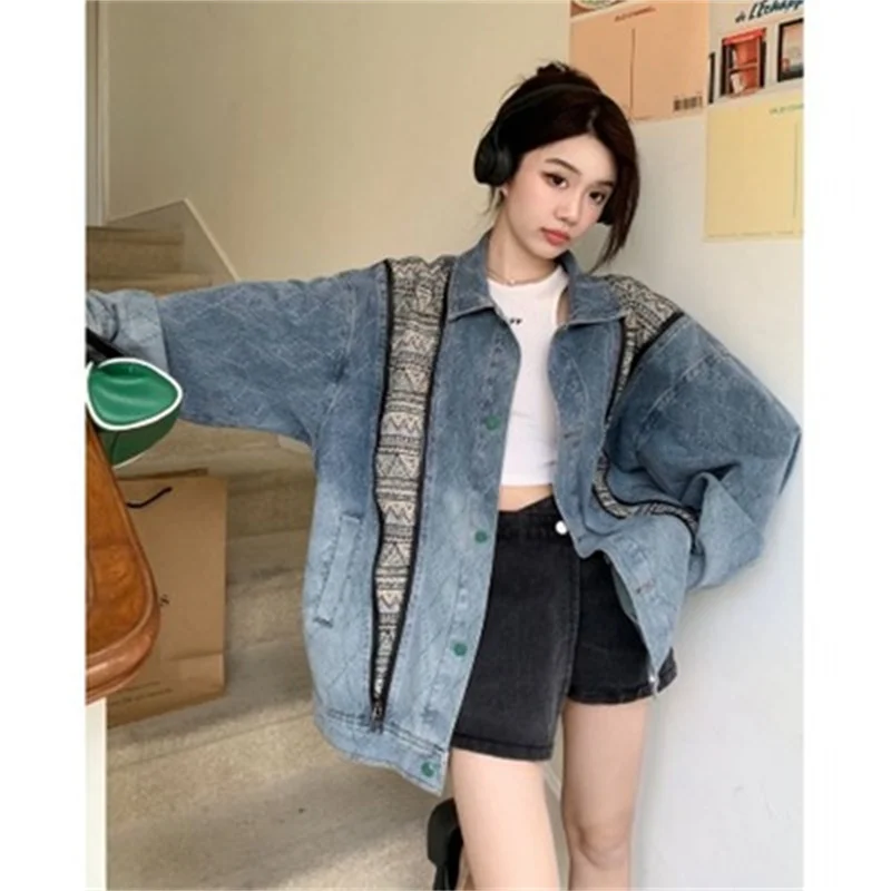 2023 Spring Autumn New Loose All-match Design Sense Stitching Denim Jacket top Loose Polo Neck Long Sleeve Short Coat Women's XA