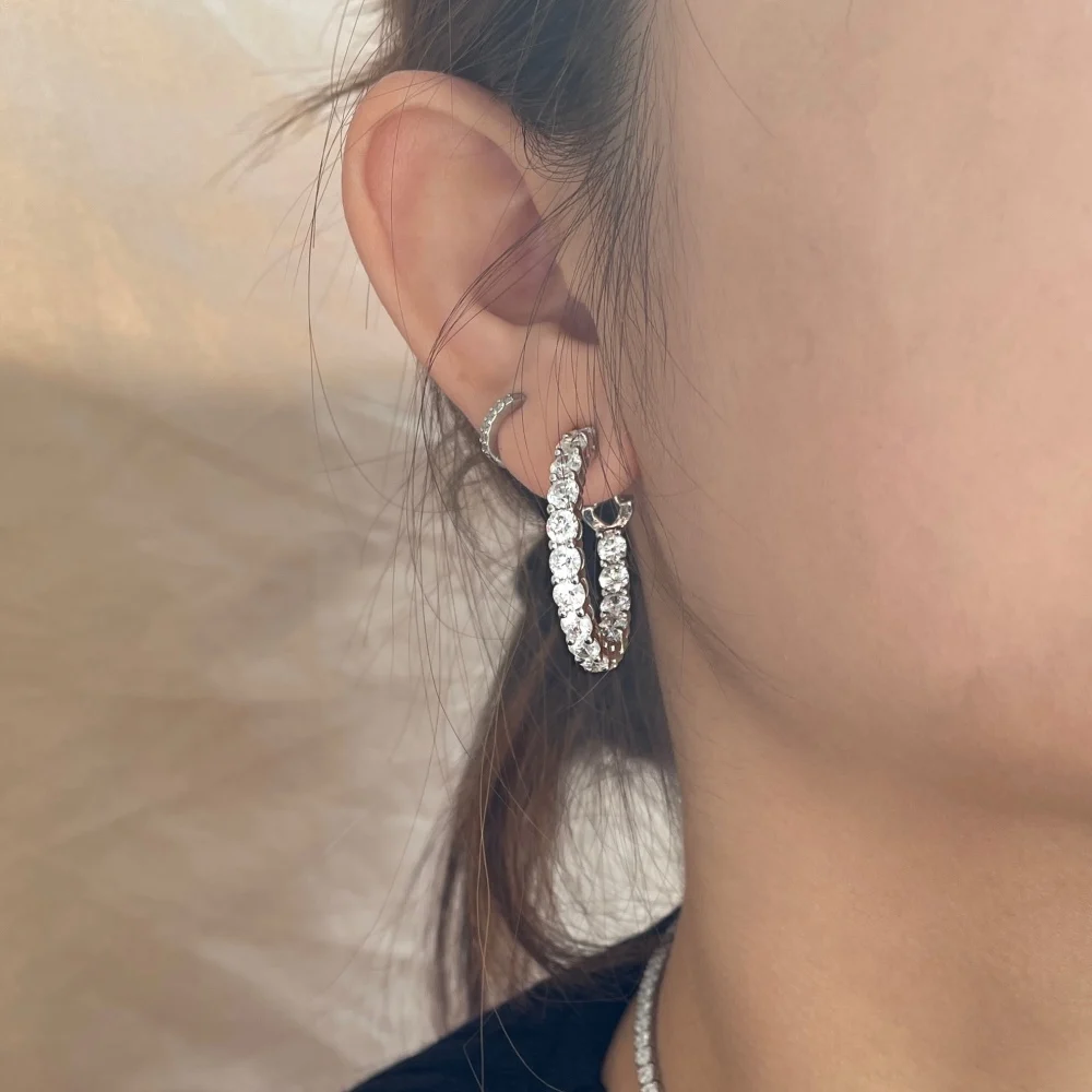 INS Hot Sale Round Cubic Zirconia Large 925 Sterling Silver Hoop Earrings