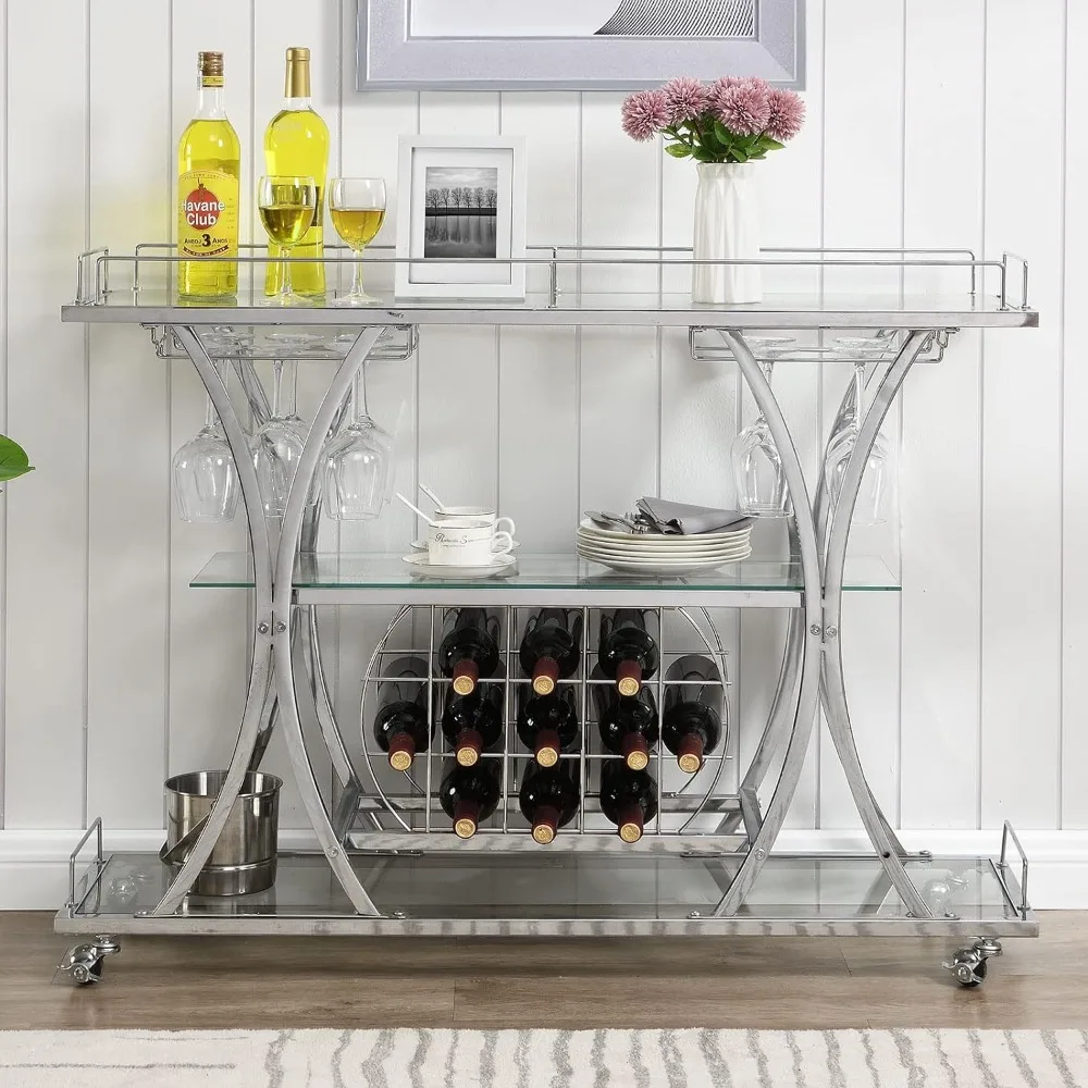 

HOMYSHOPY Bar Serving Cart with Glass Holder and Wine Rack, 3-Tier Kitchen Trolley with Tempered Glass Shelves