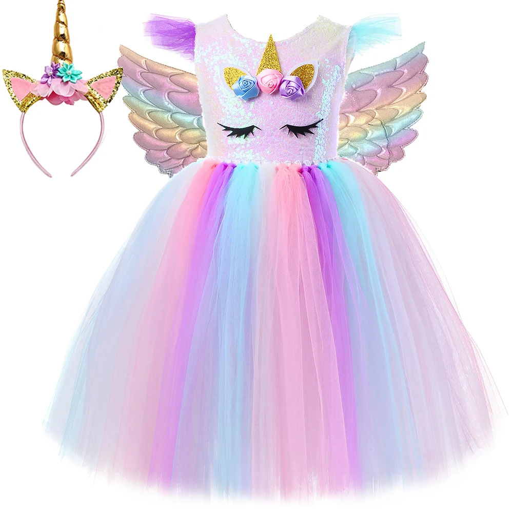 Unicorn Princess Dresses for Girls Birthday Halloween Costumes with Wings Children Long Tutu Dress Kids Toddler Baby Outfits |