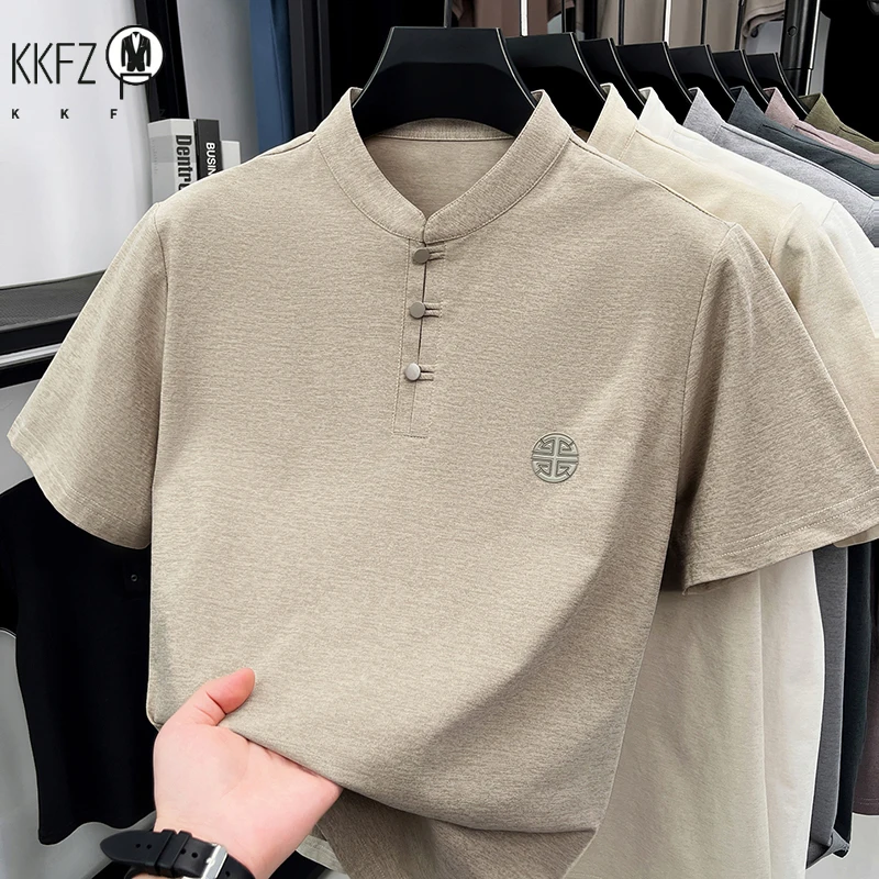 T-shirt décontracté pour homme à col mandarin et manches courtes