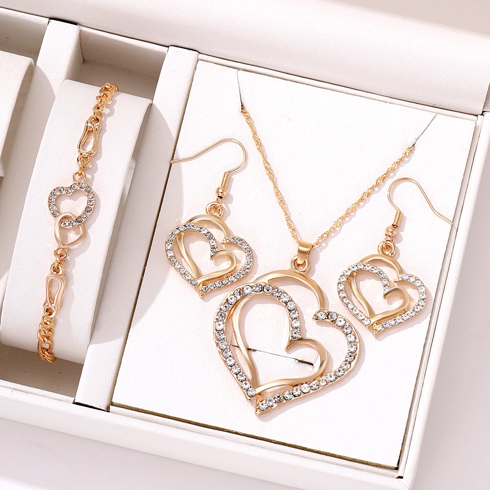 4-piece Women Jewelry Set Creative Double Heart Diamond Necklace Earrings Bracelet