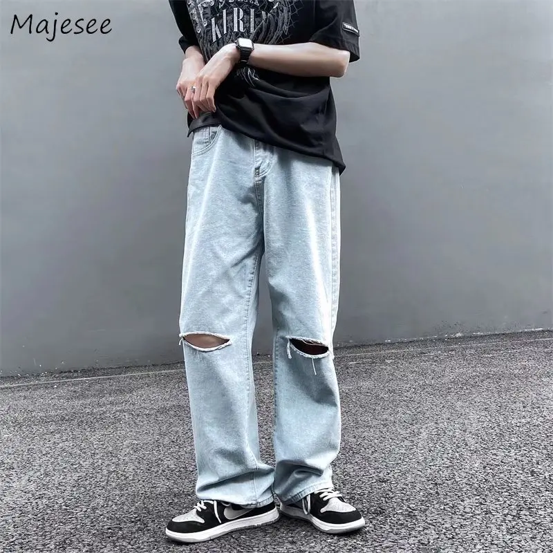 

Jeans Men Ins Hole Retro Trendy Popular Denim Hip Hop Loose Chic Zipper Leisure Solid Simple Teens Streetwear Youth Comfortable