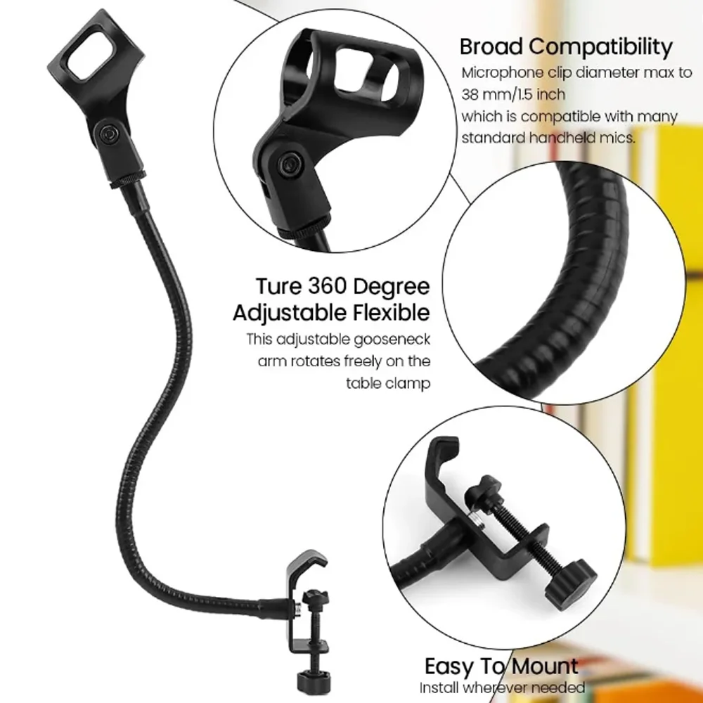 Microphone Stand Metal Table Clamp with Clip 360 Adjustable Flexible Gooseneck Universal Desk Microphone Arm Stand Podcast
