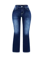 Plus size women's high waisted flared pants, retro embroidered back pocket design, deep blue comfortable women's jeans - Image 5