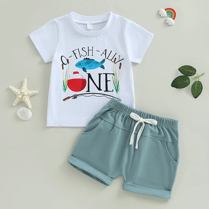 

2023-05-05 Lioraitiin 0-24M Baby Boys 2Pcs Summer Shorts Sets White Short Sleeve Letter Fish Print Tops Solid Drawstring Shorts