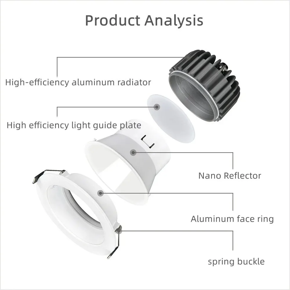 원형 LED 다운라이트 IP65 방수 눈부심 방지 SIM 5W 7W 15W 24W 34W 알루미늄 AC85-265V 욕실, 주방, 발코니에 적합