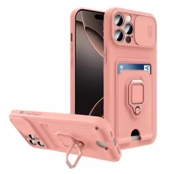 Magnetic Armour Slide Camera Wallet Case with Card Slots and TPU Silicone Cover - iPhone 6 7 8 Plus (Pink)