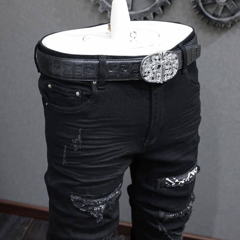 Streetwear Fashion Men Jeans Black Elastic Stretch Skinny Fit Ripped Jeans Men Plaid Patched Designer Hip Hop Brand Pants Hombre