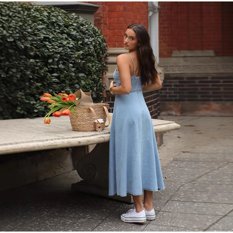 Damen-Maxikleid mit Trägern, ärmellos, gewaschener blauer Denim, weiblich, trendig, Sommer, Strand, Party, Streetwear, lange Kleider für den täglichen Gebrauch – Detail 5