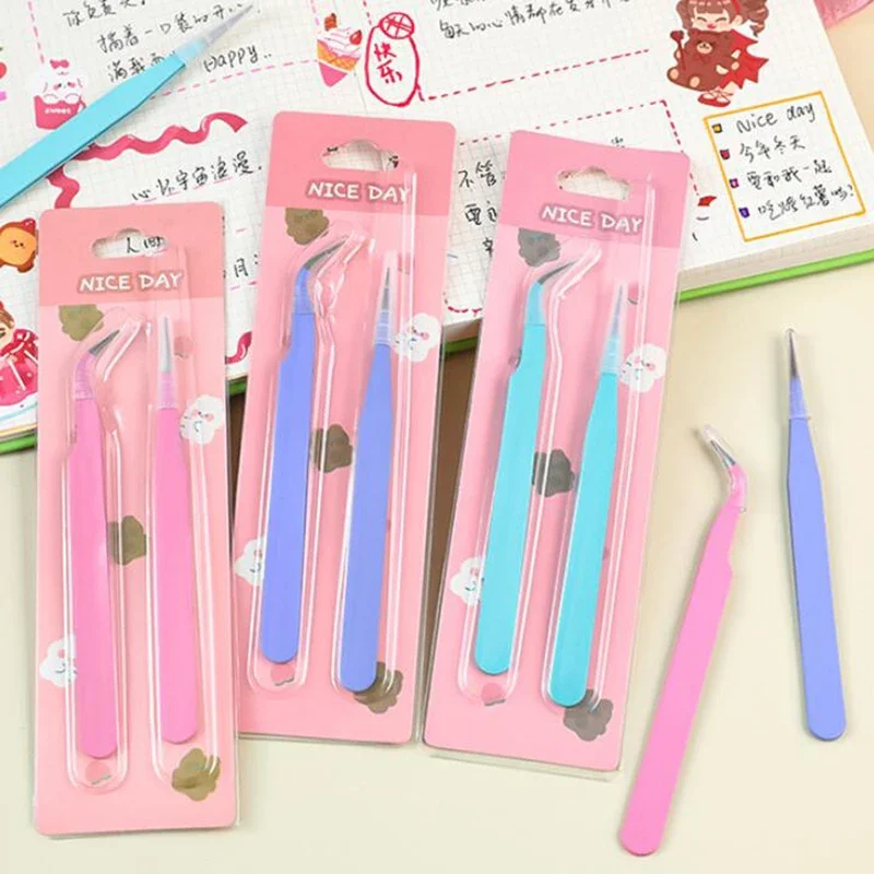 2pcs/pack Kawaii Stright Curved Tweezers Macaron Elbow Clip Sticker Tool DIY Scrpabooking Planner Paper Gadget Korean Stationery