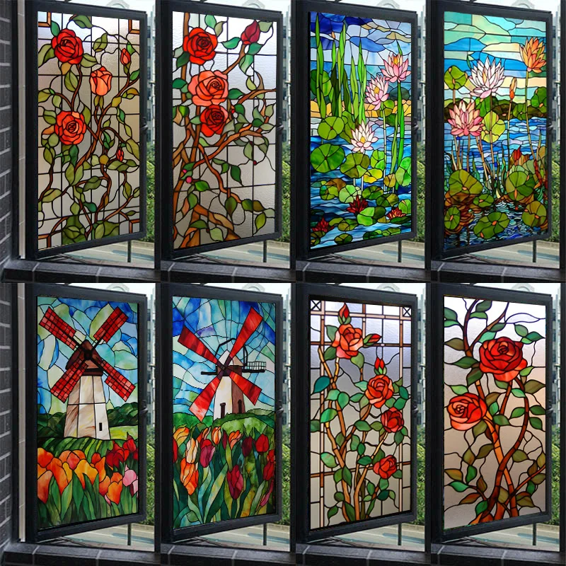 

Colorful Flower Window Glass Electrostatic Stickers Removable Window Privacy Stained Decorative Film for Home Office Bathroom