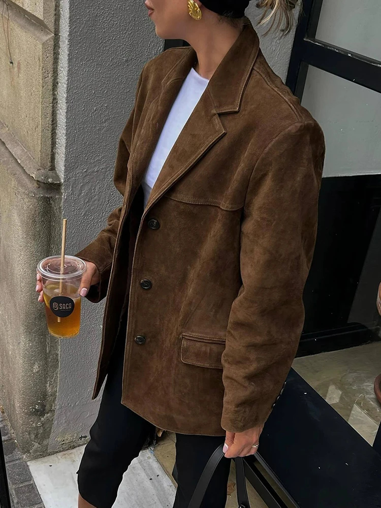 Vintage Women Loose Suede Jackets 2024 Fashion Ladies Oversize Brown Faux Leather Outfit for Female HighStreet Chic Clothes Cute 5