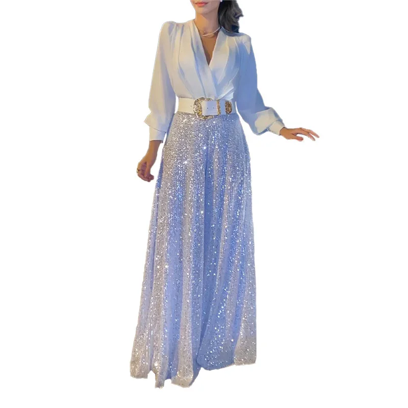 Fashion New V-Neck Women's Clothing 2023 Autumn Long-Sleeved Shirt With Elegant Waist-Slimming Sequin Wide-leg Pants Casual Suit