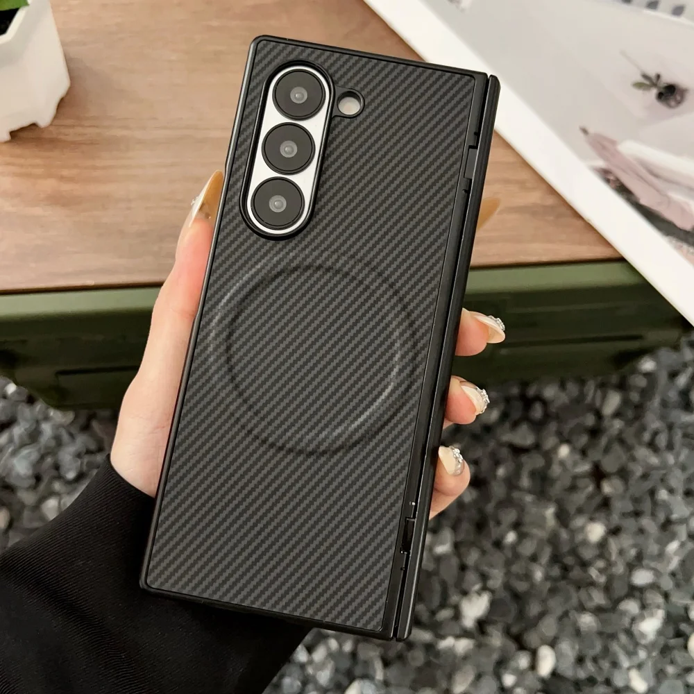 Premium Carbon Fiber Magnetic Hinge Phone Case with Wireless Charging Compatibility