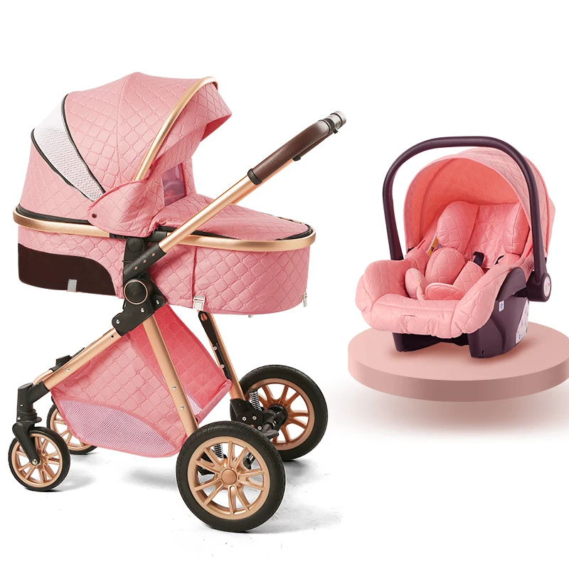 Fashion Baby Stroller 3 in 1 Folding Prams Portable Travel Baby Carriage Luxury Leather High Landscape Car