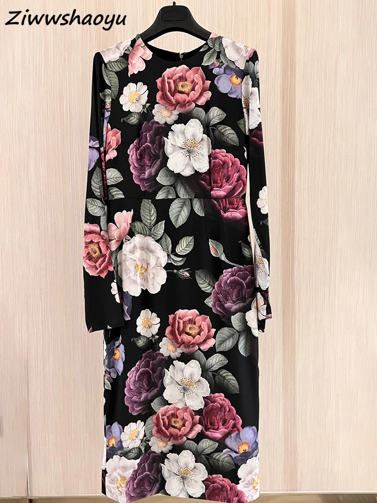 

High Quality Summer Women Fashion Runway Designer Long Sleeve Real Silk Multicolor Rose Floral Printed Elegant Pencil Dress