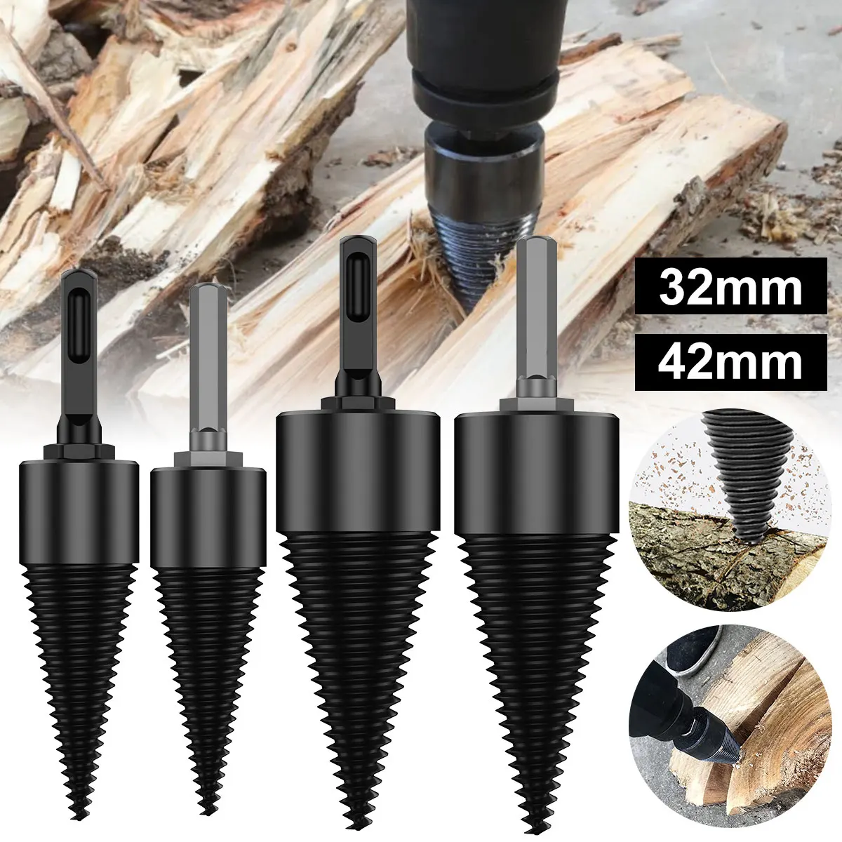

NewWood Splitter Drill Bit 32/42mm Splitting Wood Cone Drill Bit Square Handle and Hexagon Handle Heavy Duty High Carbon Steel