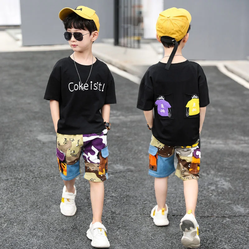 

Boys Clothes Summer Set 4-14T 2023 New O-Neck Short Sleeve Fashion Patchwork Letters Print Clothing Suit High Quality