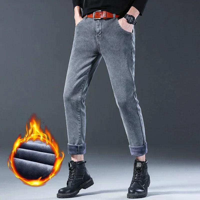 2024 Men Comfortable Winter Thermal Jeans Basic Snow Warm Plush Outside Denim Trousers Fashion Designer Skinny Casual Pants Male 5