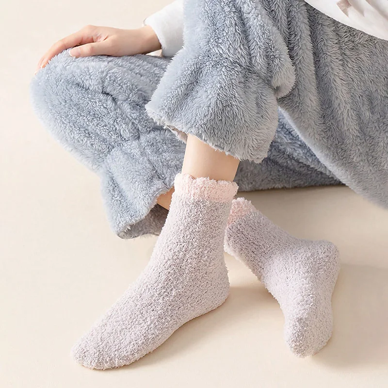 4 Pairs Women Winter Fuzzy Socks Thick Thermal Solid Soft Fluffy Slipper Home Floor Sleeping