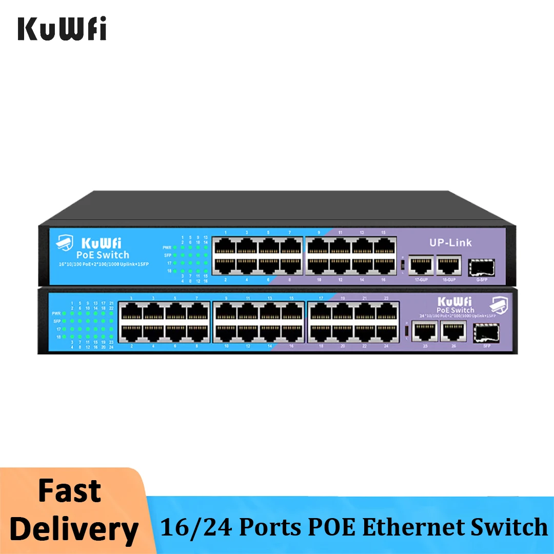 Kuwfi Poe Switch 16/24 Porte 100Mbps Ethernet Smart Switch Rj45 Hub Ethernet Con Hub Di Rete Per Ufficio Di Alimentazione Interno Per Telecamera Ip