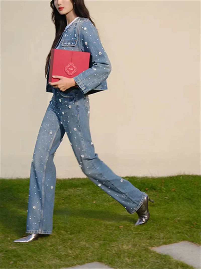 Women Denim Set Pearl Flower Embellished 2025 Spring Lady O-Neck Single Breasted Short Jacket or High Waisted Straight Jeans 2